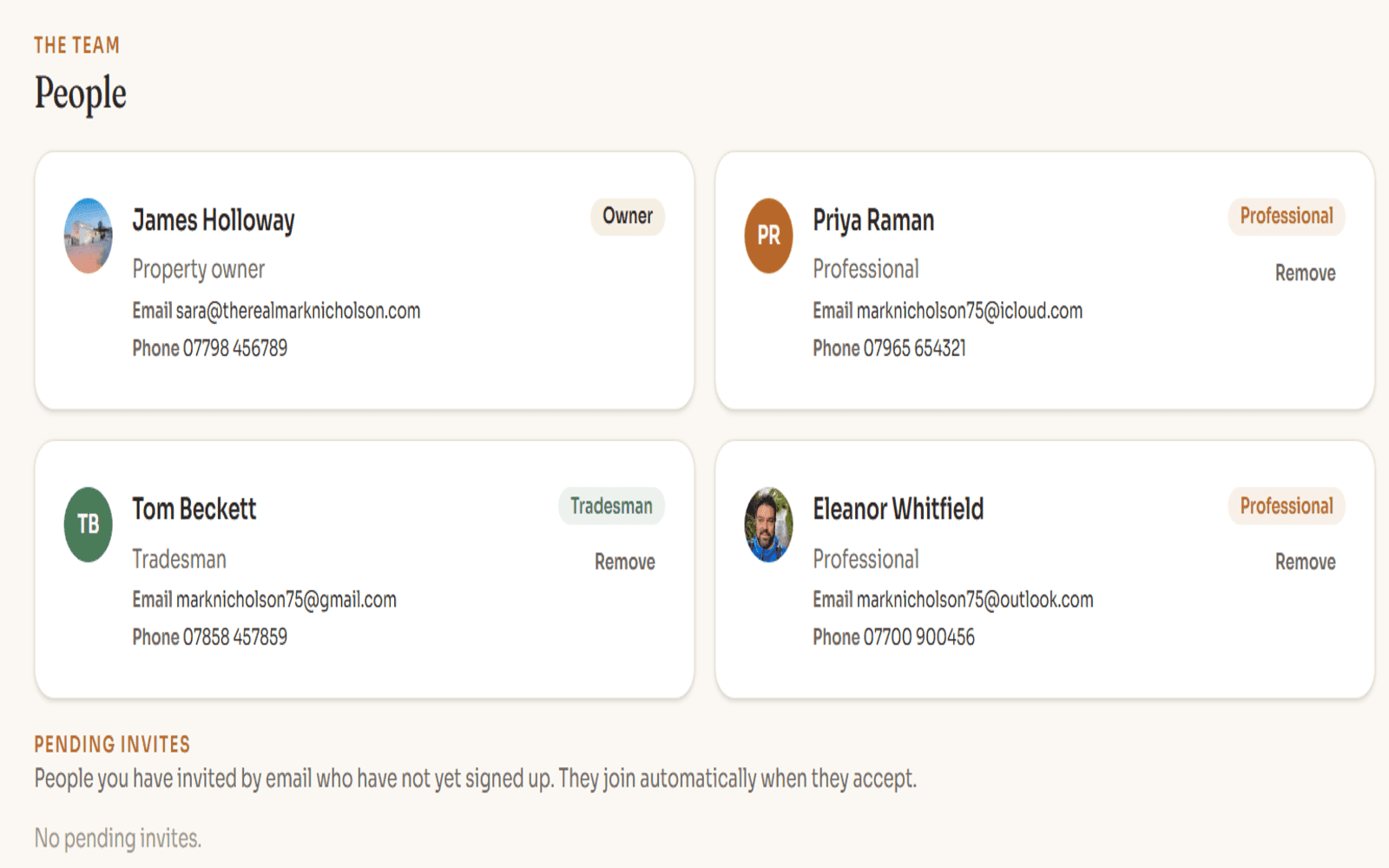 The People tab showing owner, tradesman, professional and agent, each with a role colour